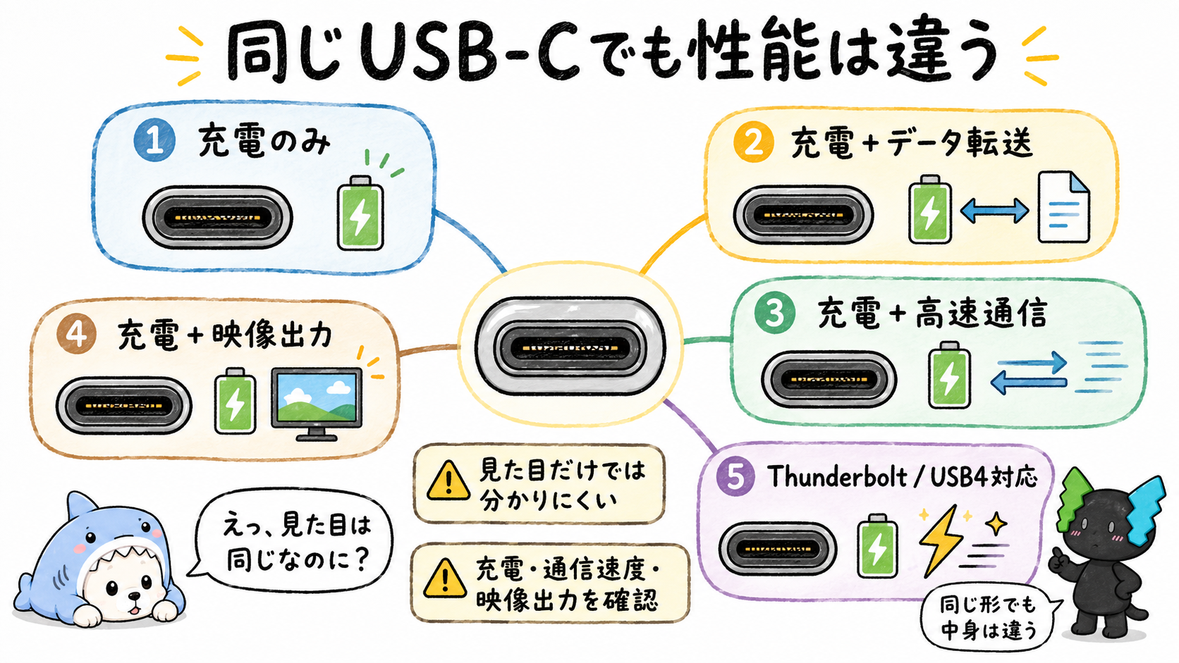 同じUSB-C端子でも充電、データ転送、高速通信、映像出力、USB4など対応機能が異なることを示した図解